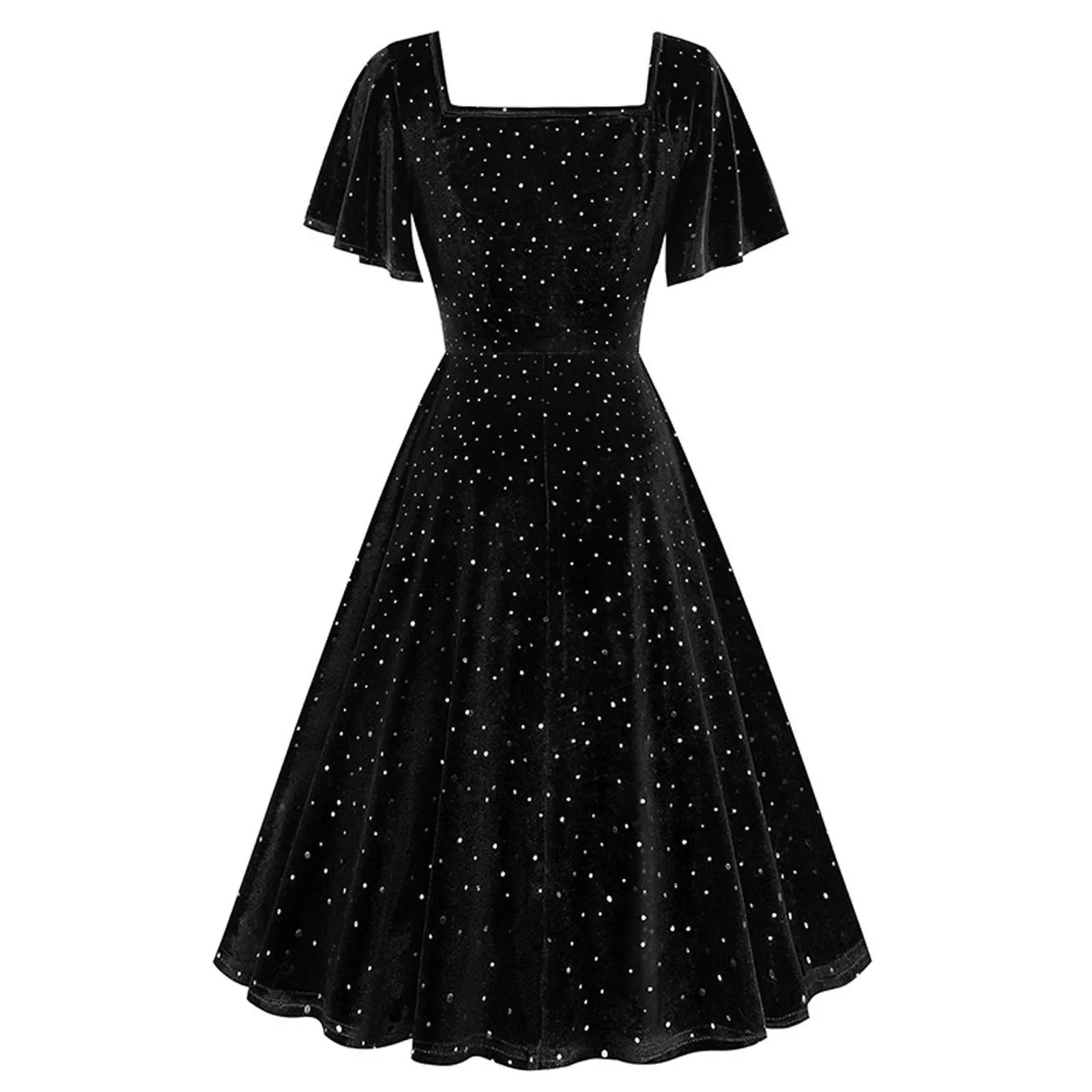 Women Elegant Retro Dress With Golden Velvet Floating Sleeve Square Collar For Christmas Party High Waist Pleated A Line Dresses