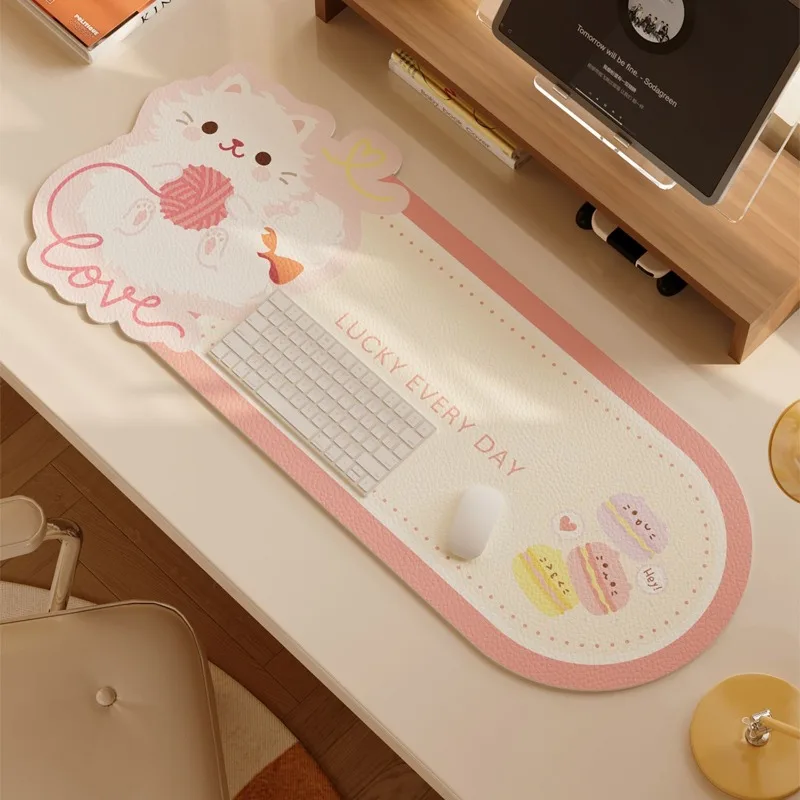 Kawaii Cat Shape Mouse Pad Cartoon Animals Large PU Leather Keyboard Mouse Pads Spill Proof Heat Insulation Desk Protector Mat