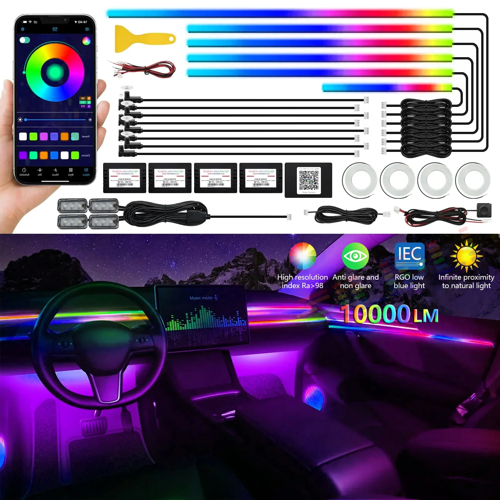 22 In 1 Full RGB 64 213 Colors Streamer Car LED Interior Ambient Lights Universal Hidden Acrylic Strip Symphony Atmosphere Lamp