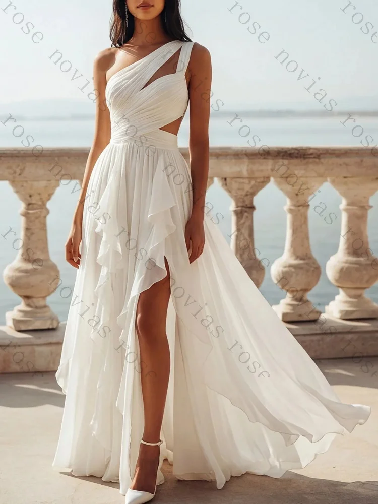 Customized One Shoulder A Line Sleeveless Ruffled Sleeveless Wedding Dresses Sexy Celebrity Dress Hollow Out Prom Party Gowns