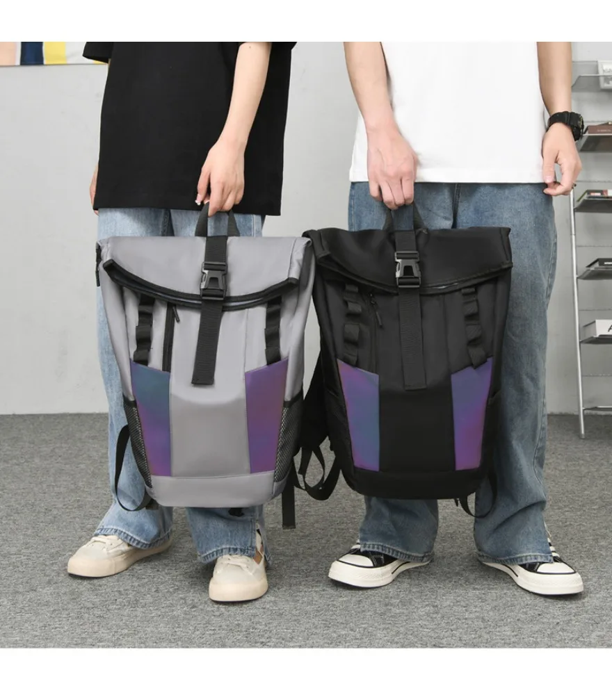 Navy iridescent patch roll top backpack anti splash adjustable buckle for young people daily casual use