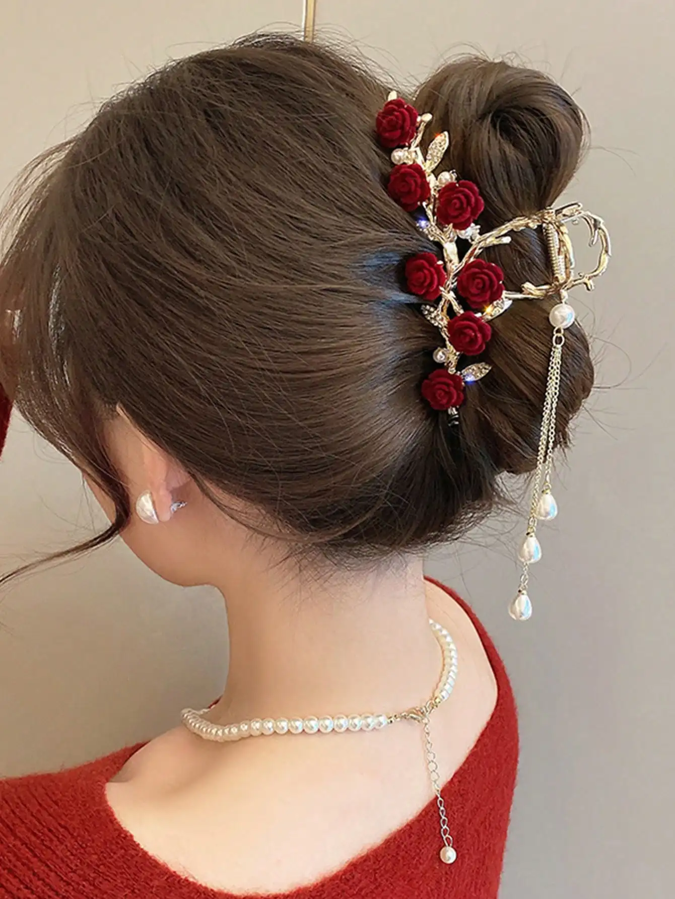 1 Pcs Fashion Plucked Rose Rhinestone Pearl Tassel Hair Claws For Women Girls Party Hair Accessories