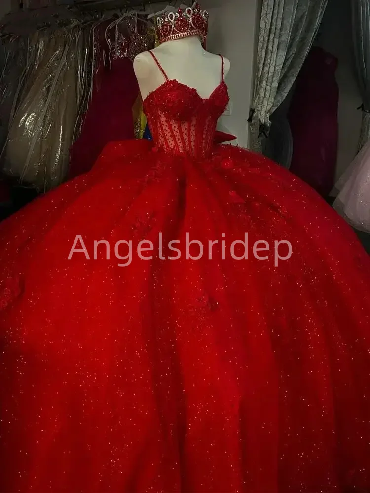 Angelsbridep-vestido De quinceañera para mujer, traje rojo elegante con apliques 3D, tirantes finos, para fiesta De noche