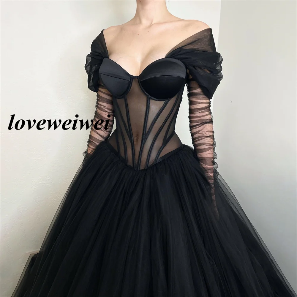 Sexy schwarze gotische Hochzeits kleid aus Schulter Korsett Abendkleider Tüll eine Linie bodenlangen Brautkleid vestido de novia