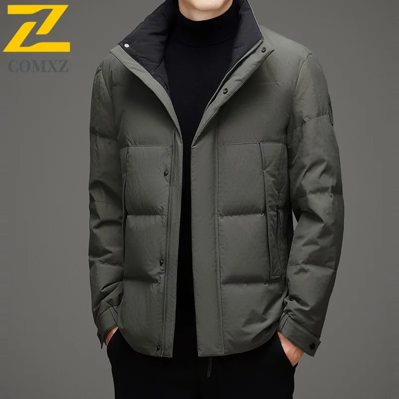 COMXZ Puffer Coat Mens Stand Collar Solid Color Working Warm Jacket High Quality Business Casual Down Winter Lightweight Wear