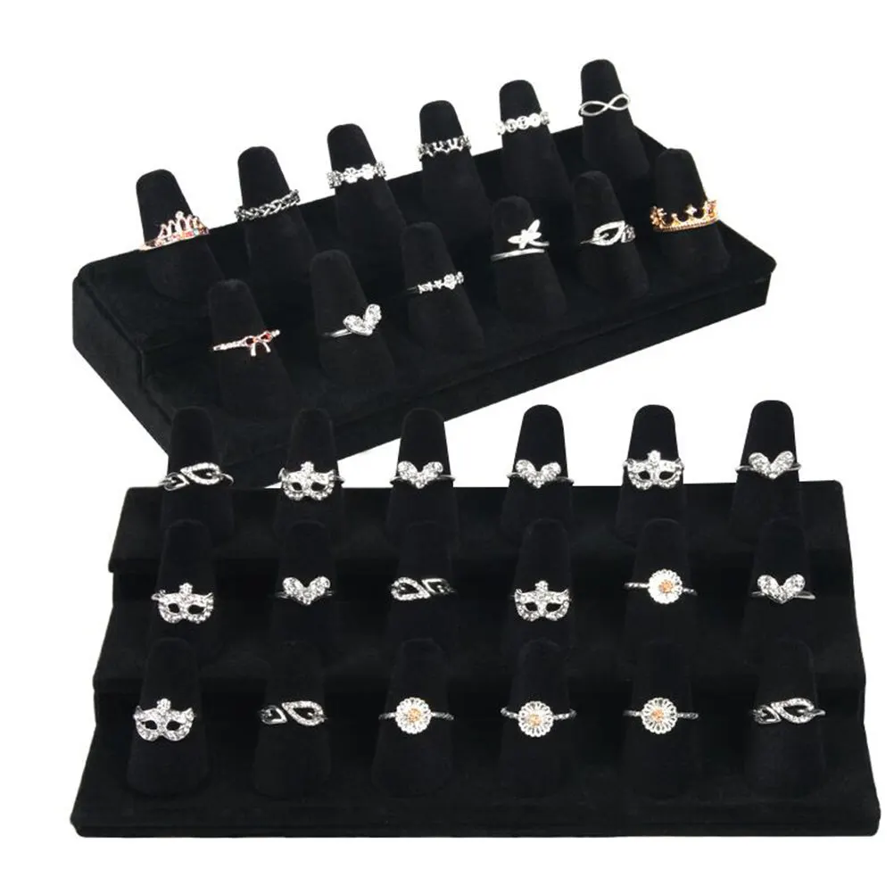 Black Ring Display Stand with Flocking Surface – Space-Saving Jewelry Organizer for All Ring Sizes