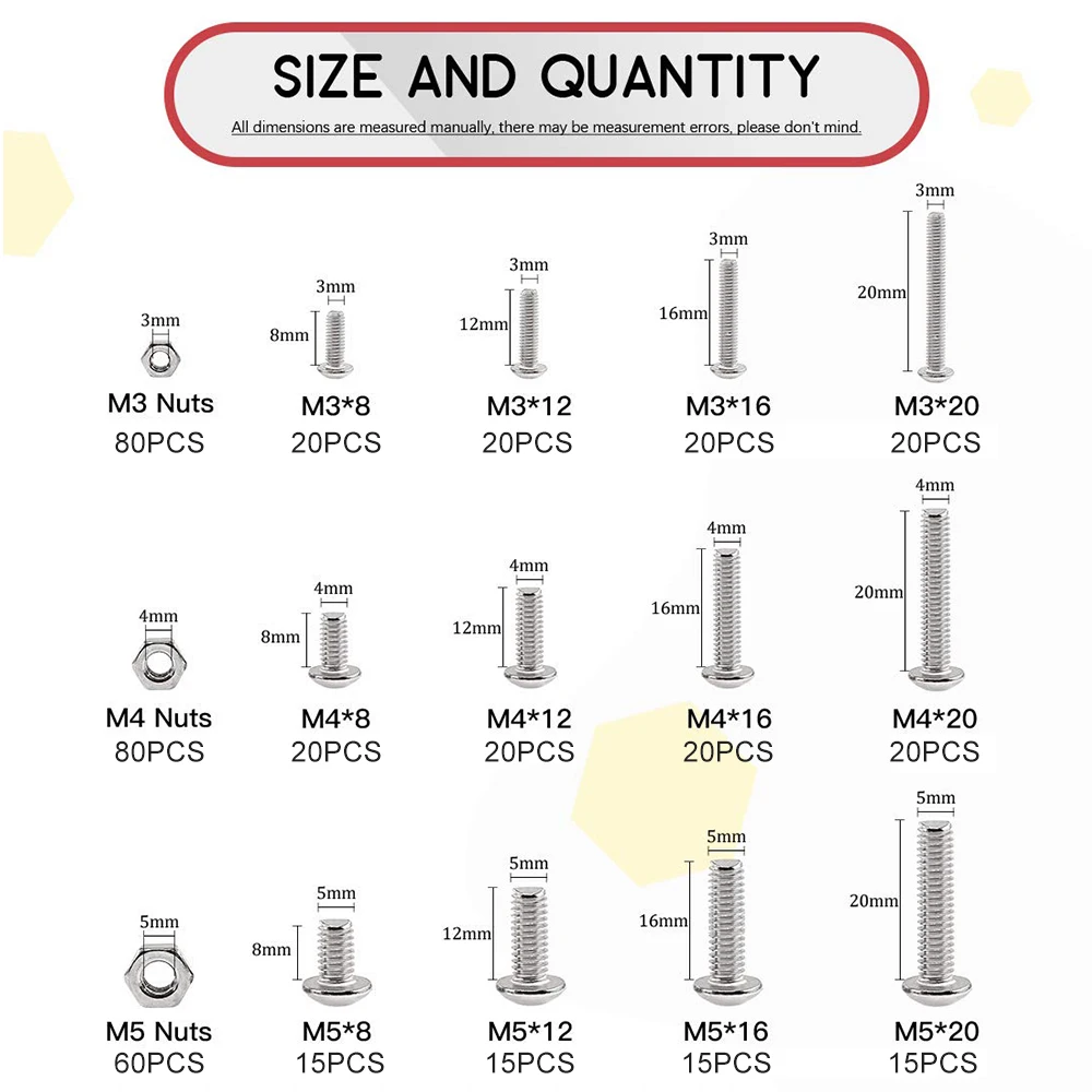 440pcs M3 M4 M5 304 Stainless Steel Button Head Hex Socket Head Cap Bolts Screws Nuts Assortment Kit for Road Bicycle