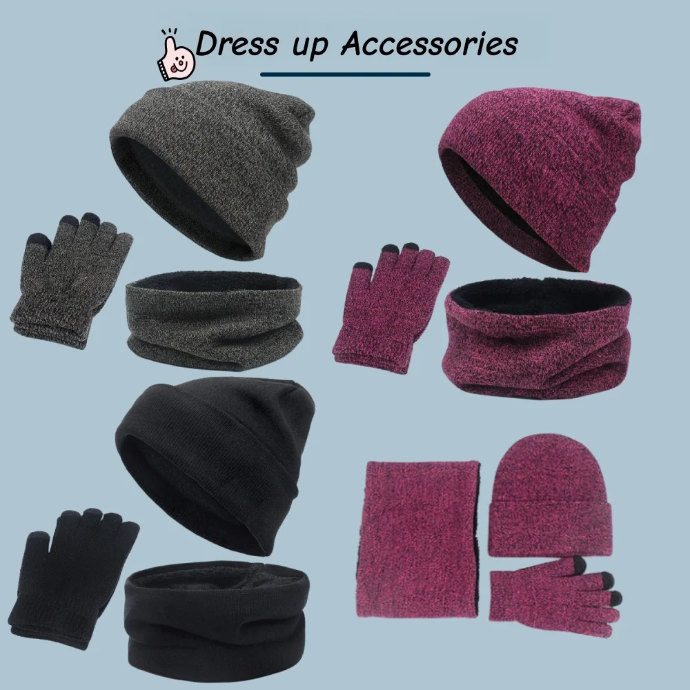 

Зимний теплый комплект из трех предметов с шапкой на флисовой подкладке, шарфом, перчатками для сенсорного экрана