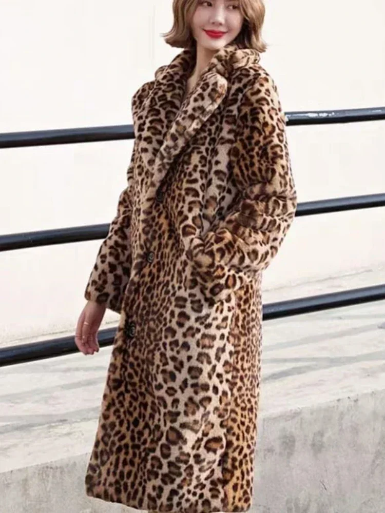 Women Faux Fur Coat Winter Leopard Thick Fluffy Long Sleeve Warm Outerwear Luxury Fur Jacket Elegant Mujer Bontjas Long Coats