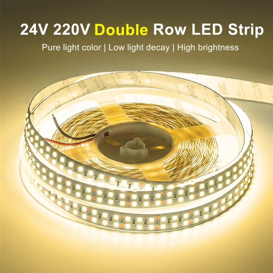 

10~0.5m Double Row SMD 2835 LED Strip 240LEDs/M AC220V DC24V Flexible Cuttable Soft Lamp Warm/Neutral/White Light Decor Light