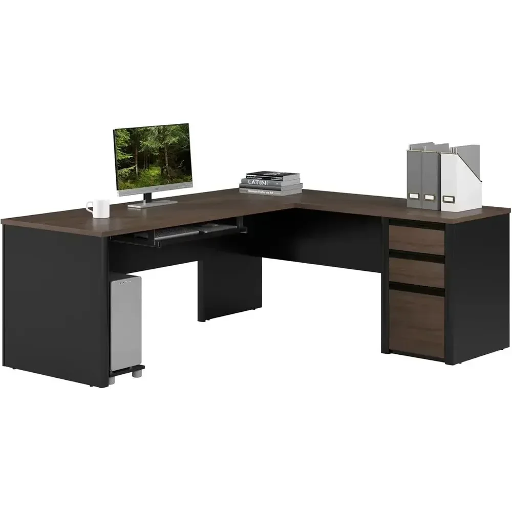 72 L-Shaped Desk with Drawers and Keyboard Tray, Ideal for Executive or Home Office, Antigua and Black