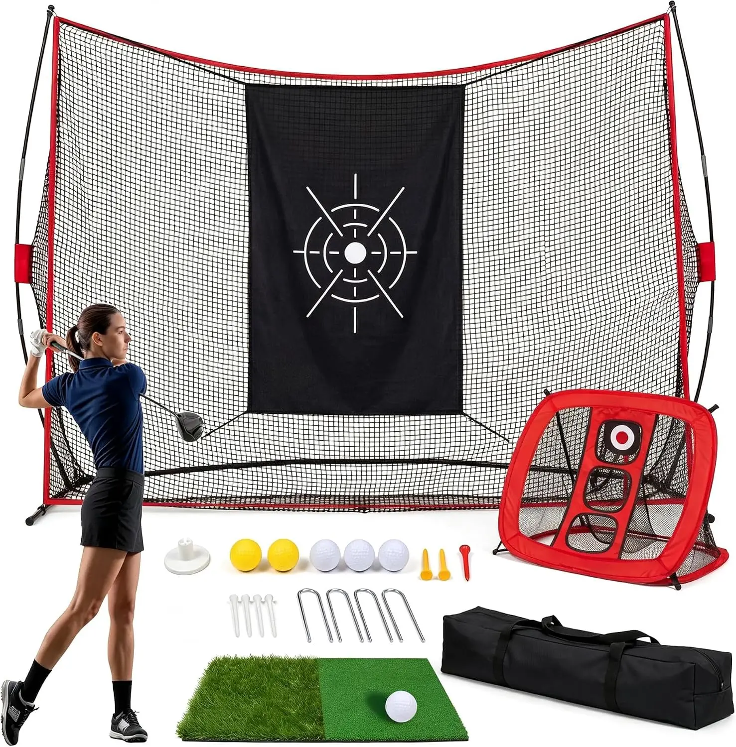 Tacleekii Golf Practice Net 10 X 7 FT Golf Hitting Net Set with Aiming Cloth Foldable Golf Training Net with Carry Bag, for Backyard Indoor Outdoor Swing Practice
