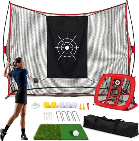 Tacleekii Golf Practice Net 10 X 7 FT Golf Hitting Net Set with Aiming Cloth Foldable Golf Training Net with Carry Bag, for Backyard Indoor Outdoor Swing Practice