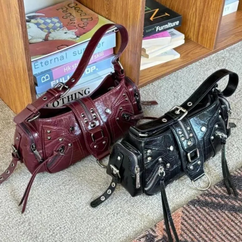 

JIAERDI Vintage Black Y2k Shoulder Bags Women Sweet Cool Hot Girls Rivet Pu Leather Handbag Ladies Moto Biker Underarm Bag Chic