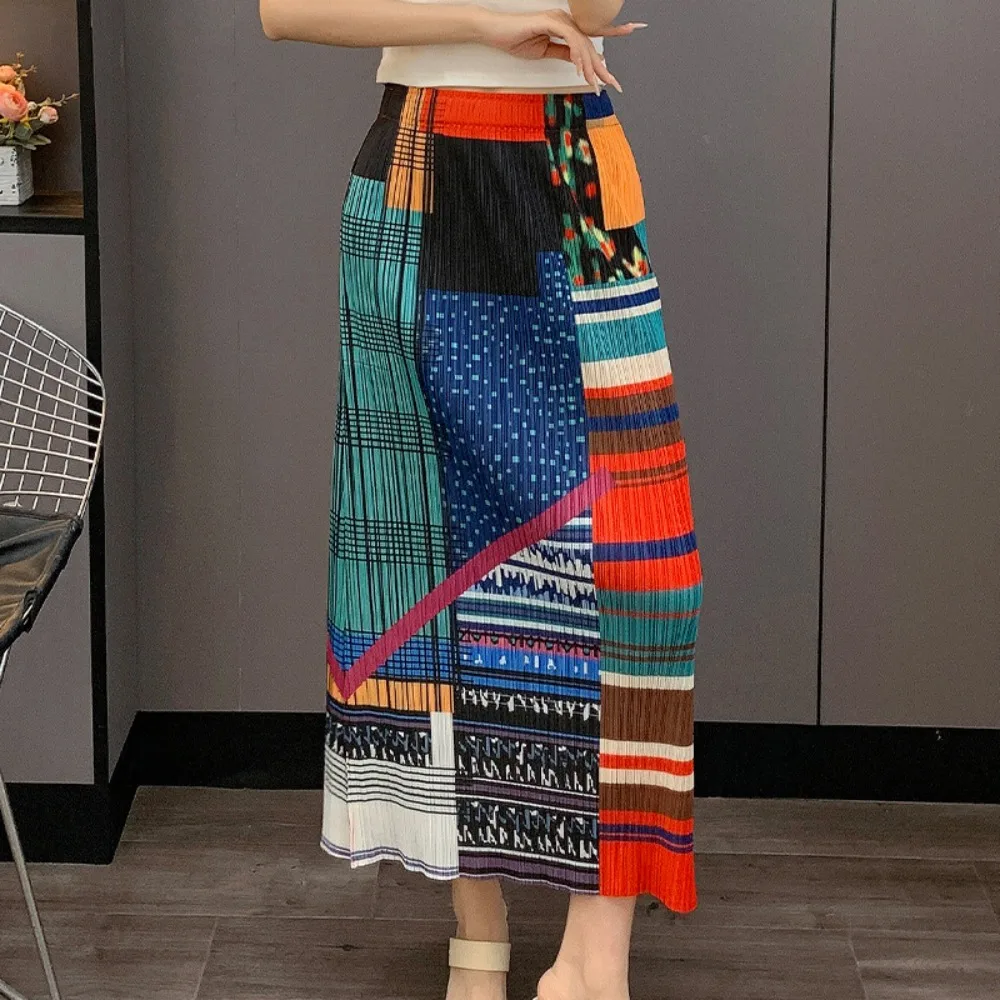 Miyake PleatedPrinted Half Skirt 2025 Summer New Pleats Straight Half Skirt High Waist Loose Fold Skirt  Stylish Resort Wear