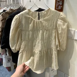 Korean Sweet Puff Sleeve Doll Shirts 2024 Summer New Commute Women's Patchwork Pleated Solid Loose Round Neck Pullover Blouses