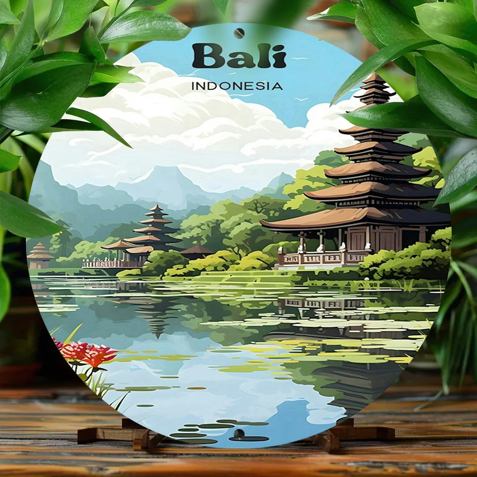 Bali Indonesia Scenery Aluminum Metal Sign - 1pc 8x8 Inch Waterproof Decorative Round Wall Art for Home & Garden with Pre-drille