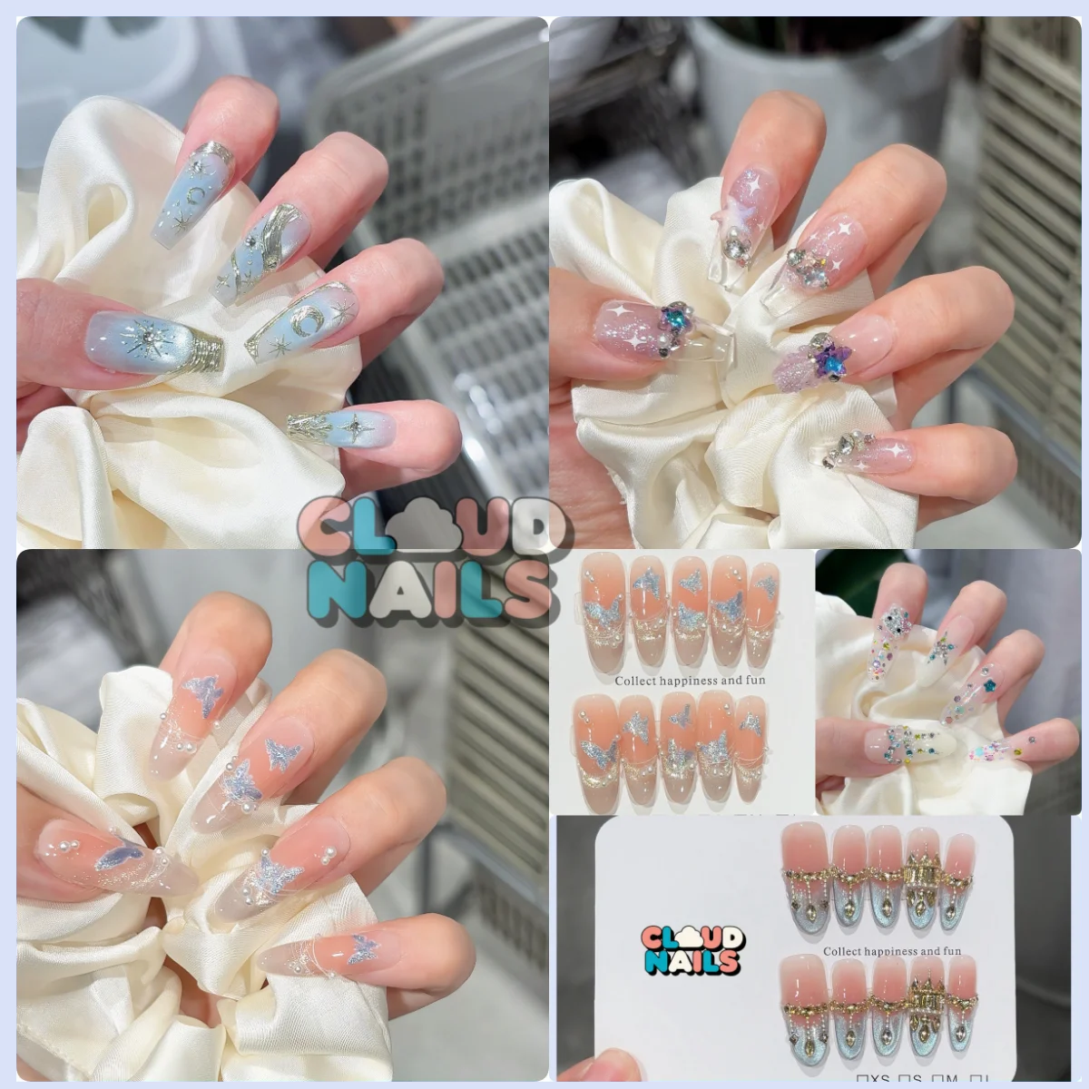 

Powder Blusher Pink Fake Nail Butterfly Diamond Brushed Gold Border 3D Nail Bow With Harmless Smooth Edge Nails DIY Fake Nails