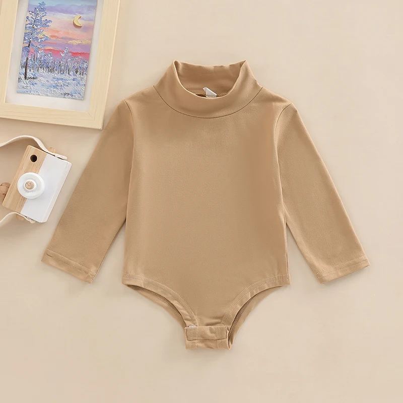 0-24M Baby Boys Girls Romper Toddler Infant Solid Color Long Sleeve Turtleneck High Stretch Bodysuit