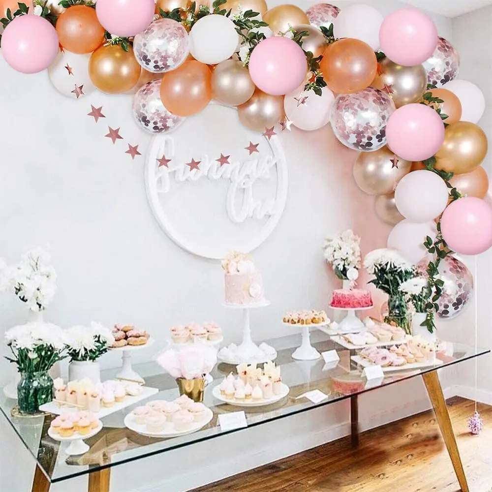 102Pcs Pink Ballons Garland Arch Kit with White Pearl Rose Gold Confetti Retro Balloon for Party Wedding Birthday Baby Shower