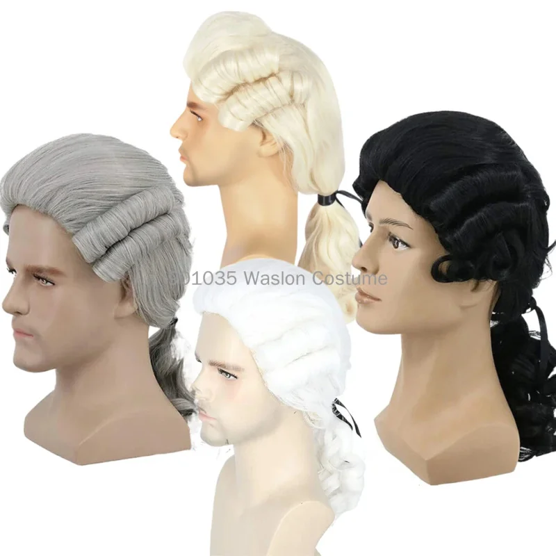 Grey White Black Lawyer Judge Baroque Curly Male Wigs Deluxe Historical Long Synthetic Cosplay Wig For Halloween   Wig Cap BS732