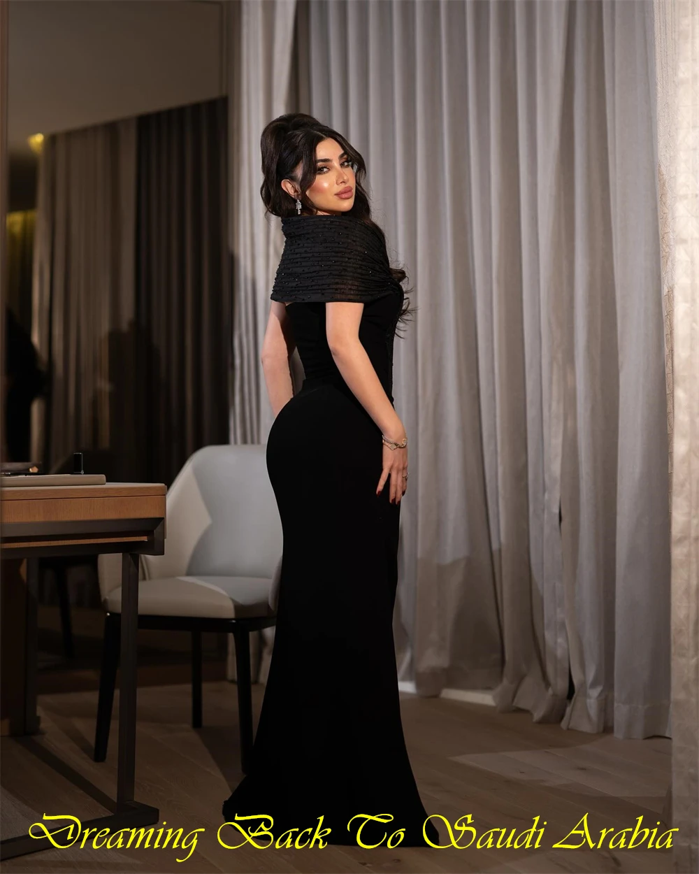 Customized Classic Black Jersey Evening Dress Classic V-Neck Off the Shoulder Party Dress Soft Mermaid Sweep Train Prom Dresses