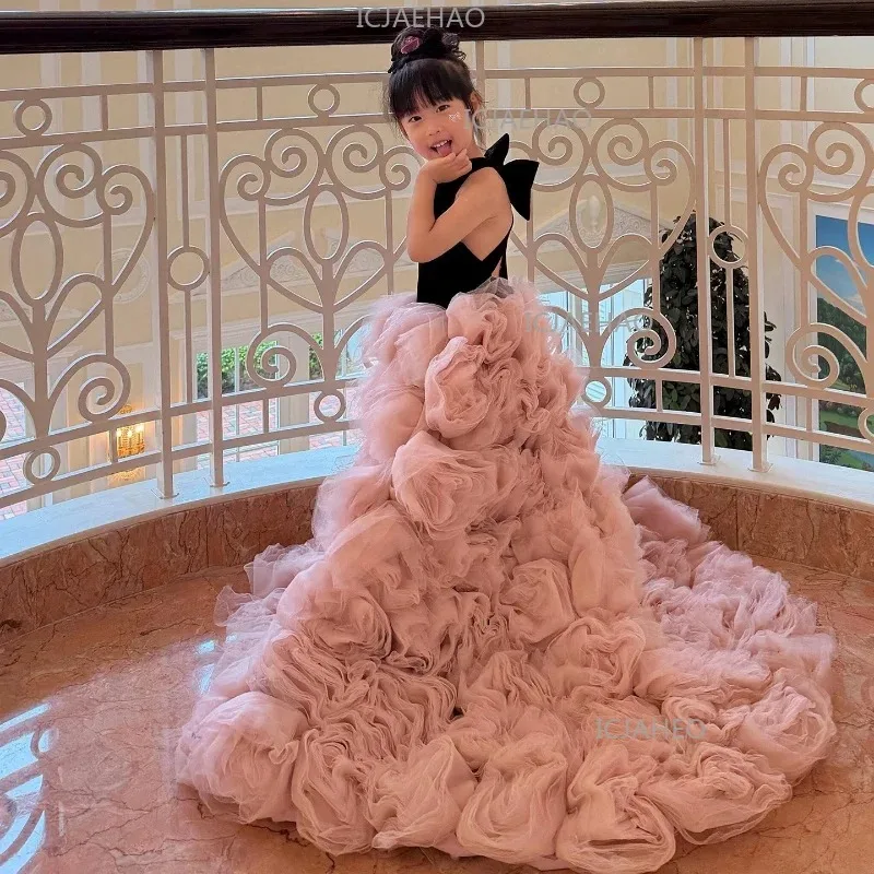 Children Girls Formal Dress Host Birthday Princess Gown Wedding Flower Girl Party Piano Performance Tutu Sweep Train Dresses