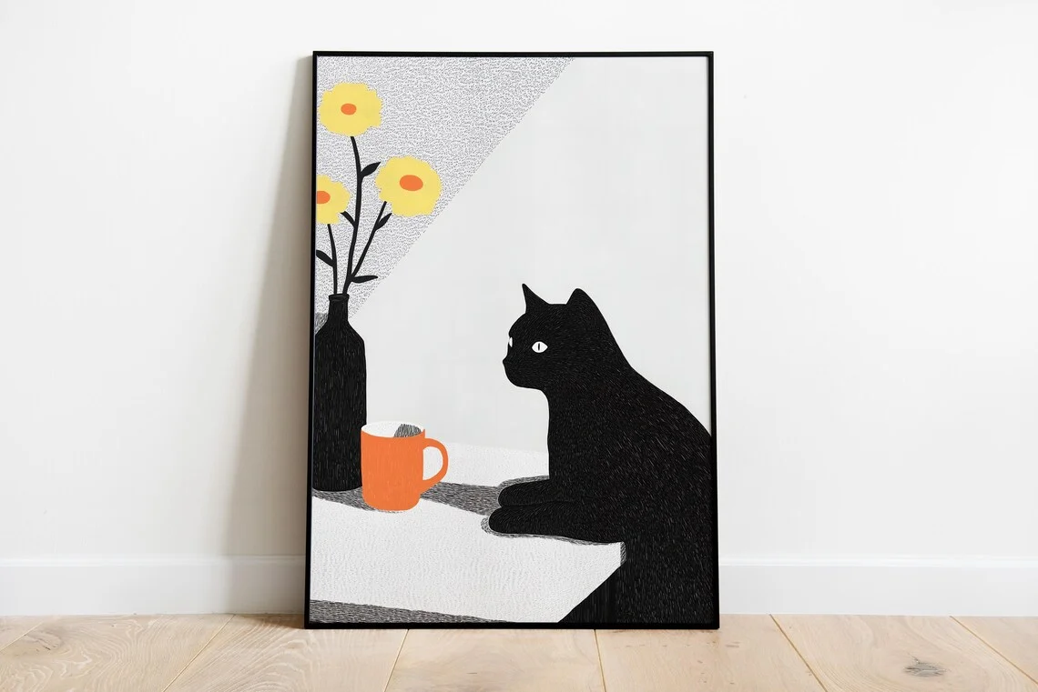 Table Still Life Wall Decor Print - Perfect Gift for Cat Owners, Scandinavian Home Stylists, or anyone furnishing neutral modern