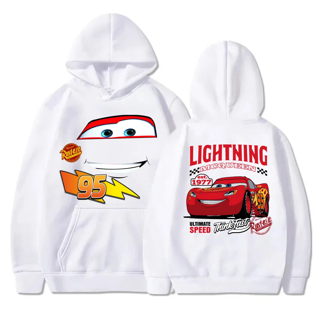 Fun Cars Lightning McQueen Printed Hooded Sweatshirt Fashion Autumn Winter Men and Women Casual Pullover Hoodies Clothing Loose