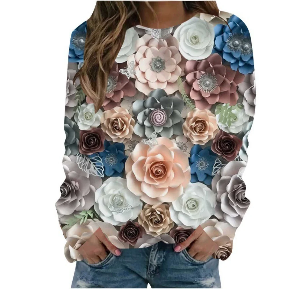 Felpe natalizie Fiore floreale Stampa 3D Donna Autunno Moda Felpe Streetwear Y2k Pullover Harajuku Top Abbigliamento donna