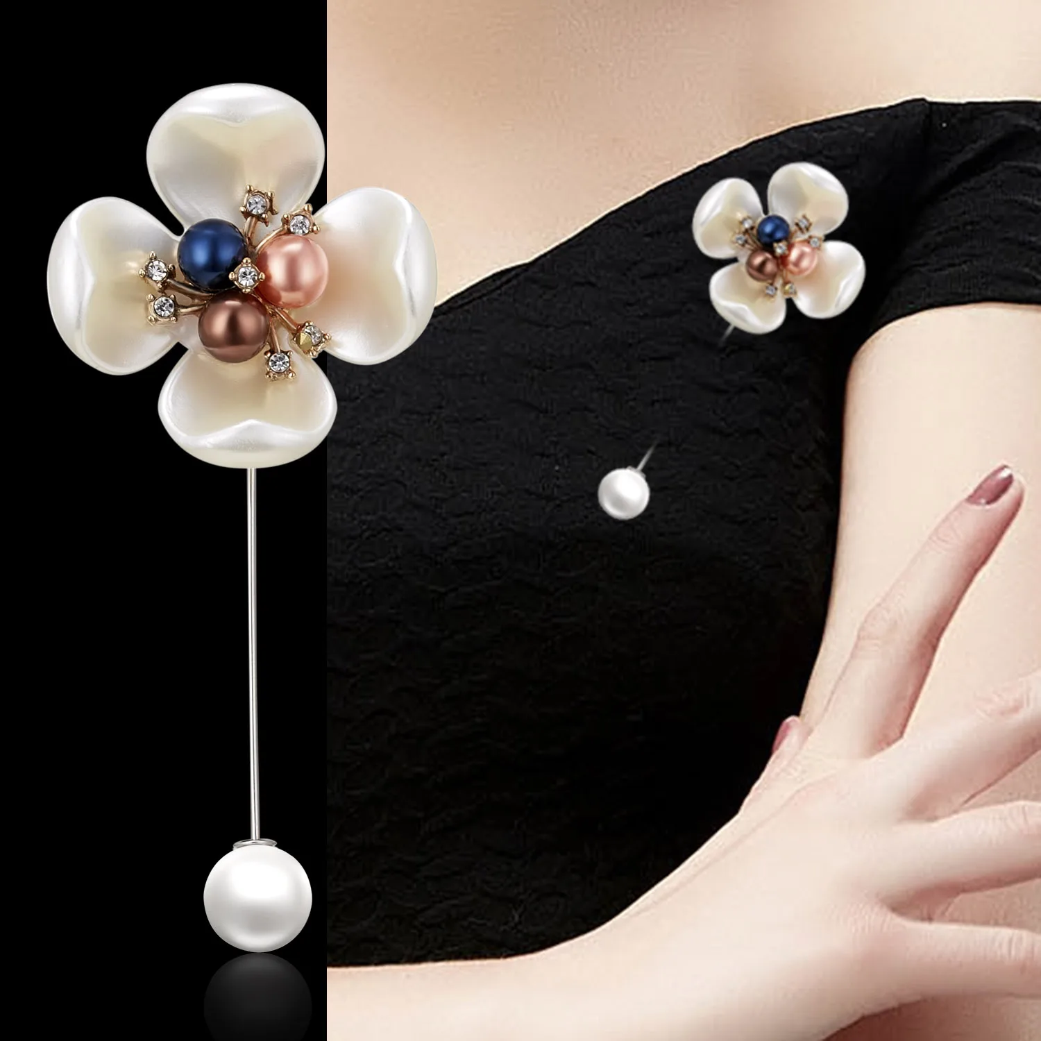 Rinhoo Imitation Perle Shell Kamelie Blume Brosche Für Frauen Weiß Blumen Blütenblatt Bouquet Lange Nadel Hemd Kragen Revers Pin Geschenk – Detail 38