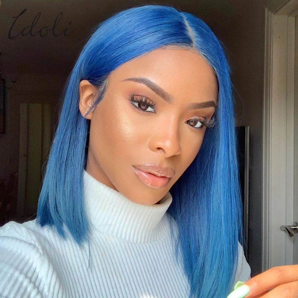 

13x4 HD Transparent Sky Blue Bob Wig Human Hair Colored Lace Front Wigs Glueless Blue Bob Wigs for Black Women