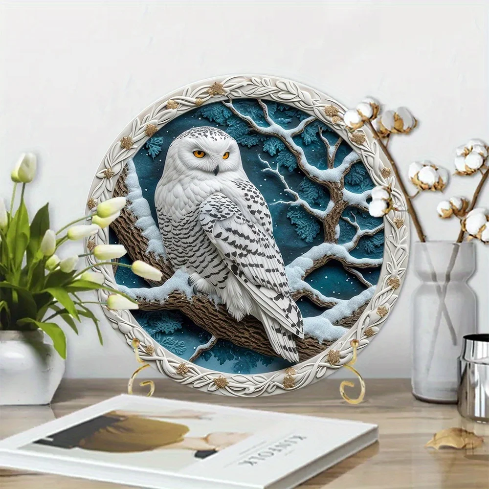 Aluminum Metal Sign Apartment Valentine's Day Faux Laser Cut Iron Window  Round Sign Decoration Gifts Snowy Owl Theme Decoration