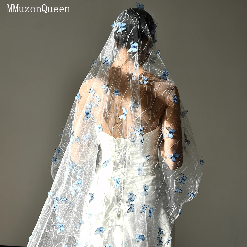 

MMQ Blue 3d Flower Decoration Bridal Veil No Comb Outdoor Lawn Wedding Accessories Single Soft Tulle M43