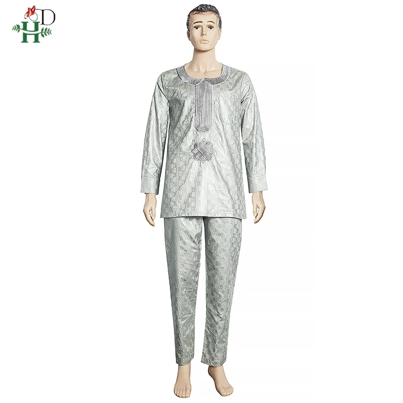 H&D African Clothes For Men Dashiki Top Pant 2 Pieces Outfit Set Riche Grey Embroidery Shirt Trouser Rich Bazin Original Muslim