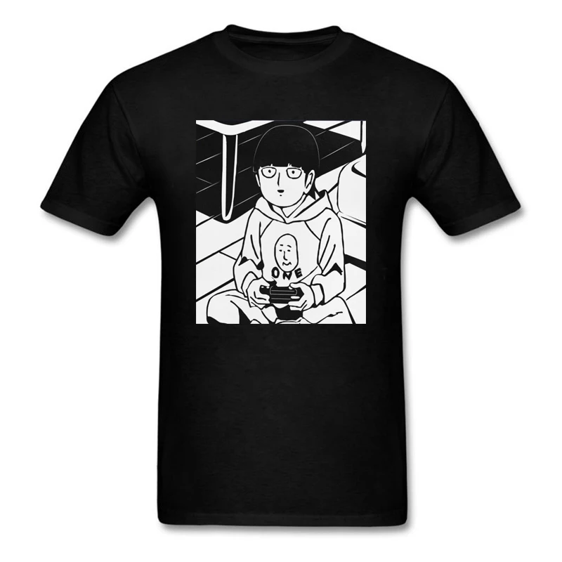 Mob Psycho T-shirt For Men 100% Cotton Manga Short Sleeve Shigeo Kageyama Playing A Game Anime Oversize Tee Shirts Clothing Gift