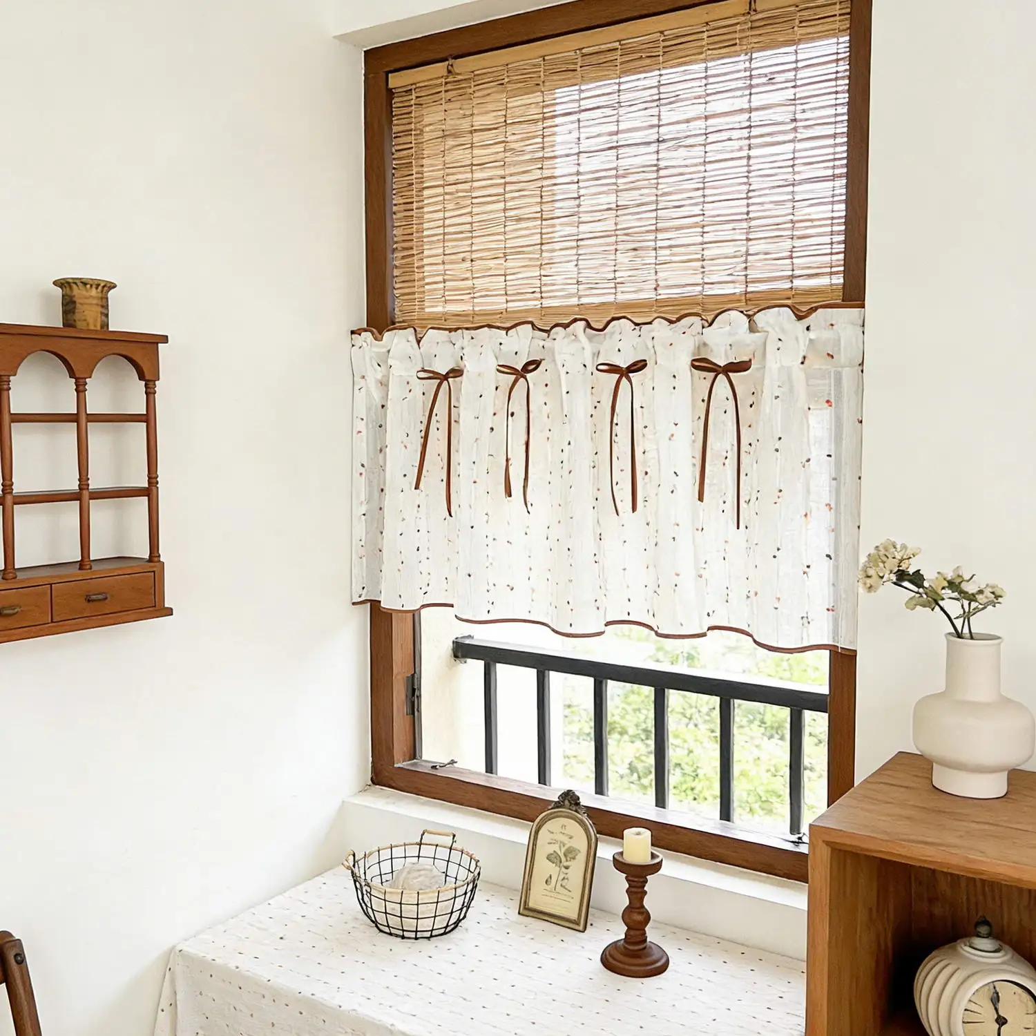 Vintage Farmhouse Dobby Sheer Valance, Brown Ribbon Bow Short Curtain Light Filtering for Kitchen Living Room Cabinet Decor