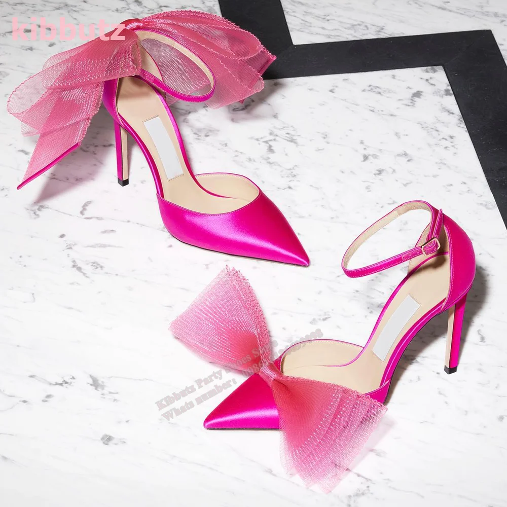 Flower Mess Bow Pumps Pointed Toe Thin Heel One Word Belt Ankle Buckle Solid Pink Temperament Sexy Banquet Party Shoes 2023 New