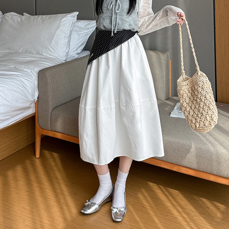 

Elegant Flower Bud Skirt with Silk Scarf Elastic Waist Midi Length Women's Spring Summer Fashion Design Korean Style