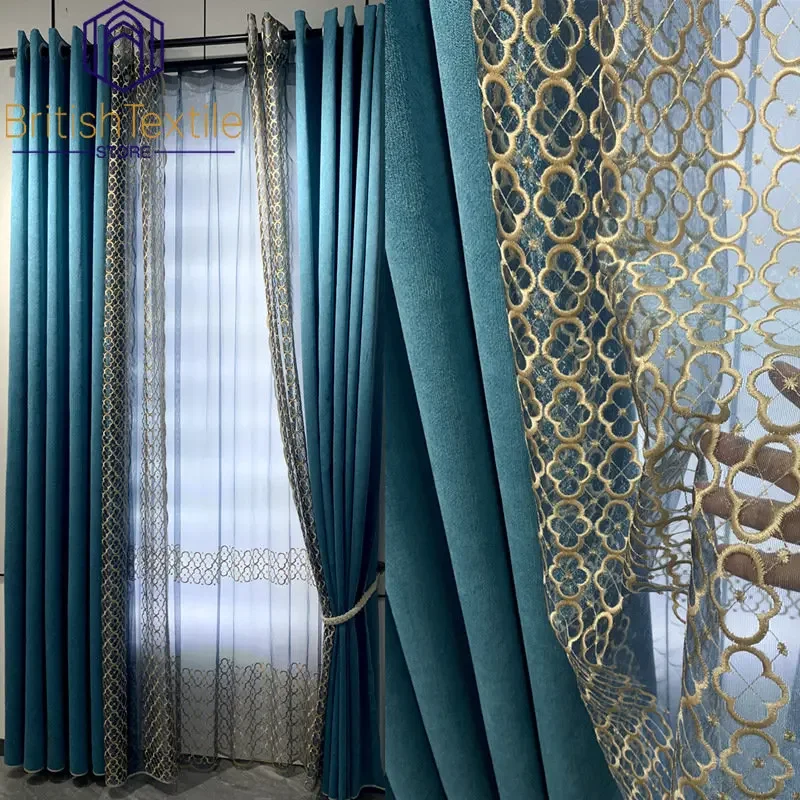 

Modern Curtains for Living Dining Room Bedroom Luxury Villa Thickened Chenille Embroidery Stitching Embroidered Tulle Window