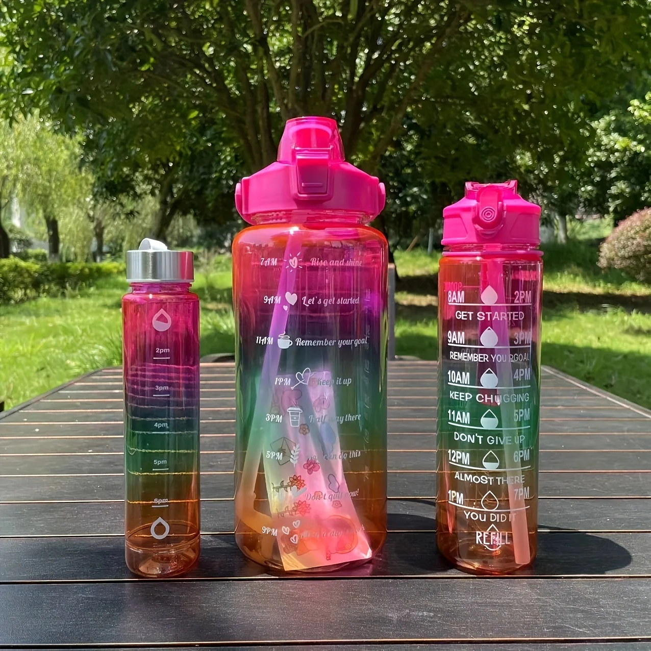 

3pcs, Gradient Color Motivational Water Bottles Set (64oz, 32oz, 15oz), With Mobile Phone Holder, Food Grade Straw Cup, With 2