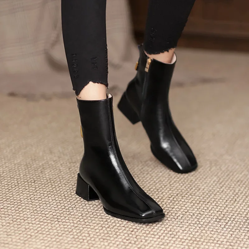 Nowe botki damskie Casual Zipper Square Heels Fashion Grey/Black/Brown Short Booties Jesieล Zima 2021, buty damskie
