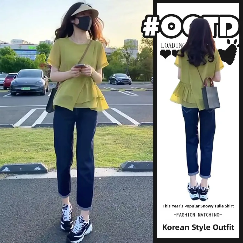 

Summer 2026 Women's Loose Fit Slimming round Neck Thin Chiffon Top Asymmetrical Hemline Fashionable Versatile Polyester Fiber
