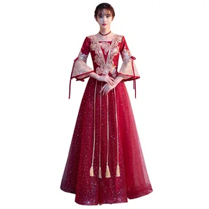 Vermelho vestido de noiva chinês casamento cheongsam vestidos mulher grávida qipao noite gow bordado elegante toast roupas 10 principais vendas pregnant qipao - №10