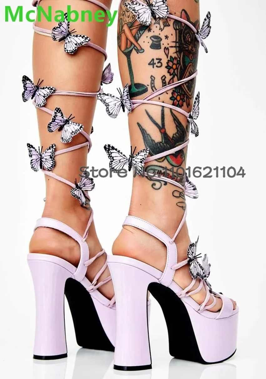 Purple Butterfly Ankle Lace-up Sandals For Female 2024 Women Platform Square Heel Sexy Shallow Summer Fashion Round Toe Shoes