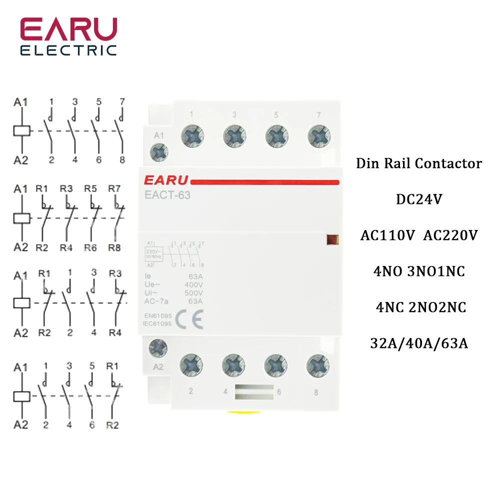 4P 32-63A AC 110V 220V 50/60Hz Din Rail Household AC Modular Contactor Switch Controller 4NO 4NC 2NO 2NC Smart Home House Hotel