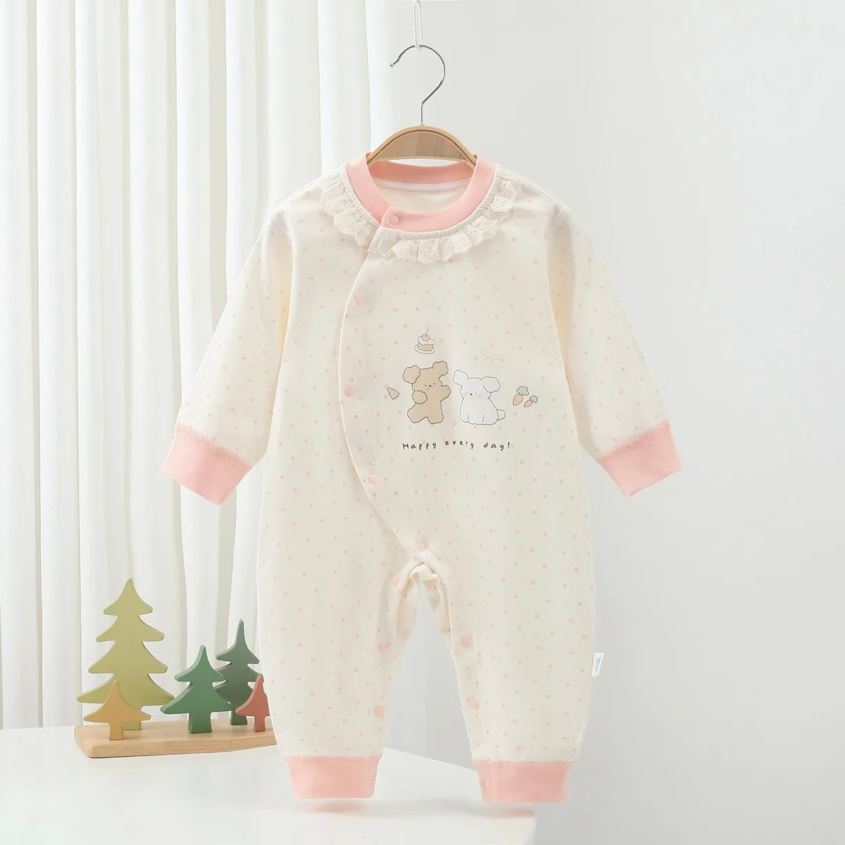 Baby Girl Princess Romper Lace Collar Long Sleeve Onesie Soft Cotton Side Snaps Newborn Infant Jumpsuit Spring Autumn 6-18M