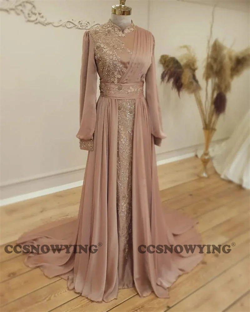 Chiffon Muslim Hijab Evening Dresses Long Sleeve Islamic Prom Formal Party Gown Women High Neck Arabic Dubai Robe De Soiree