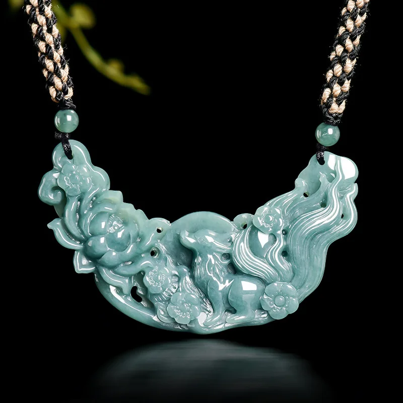 

Burmese A Emerald Jade Blue Water Nine-tailed Fox Flower Pendant Amulets Braided Rope Natural Jewelry Gifts Women Certificate