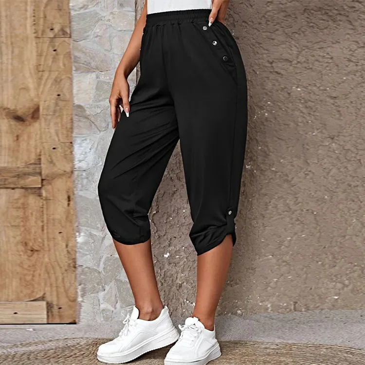 Summer 2023 Fashionable Casual Elastic Waist Seven-Foot Loose Women's Pants Wish Popular Sale Custom Design Service Clothing